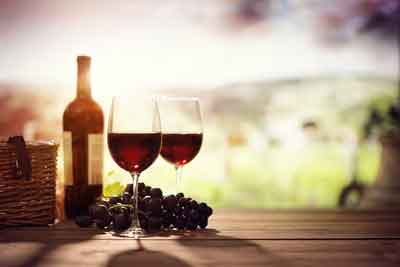 red wine in glasses overlooking a meadow